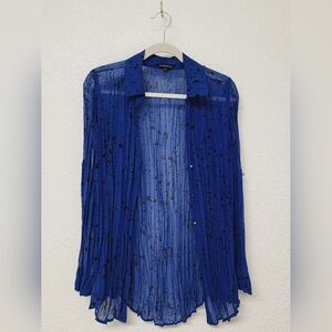 ROCK & REPUBLIC women's size Large, blue sheer blouse retro, rock, biker, button